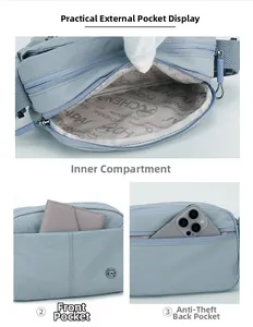 Detailed view of the multi-pocket nylon crossbody bag storage and internal compartments