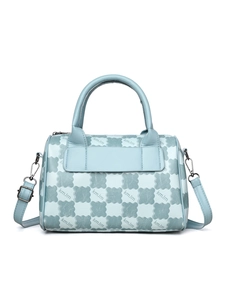 Close-up of light blue canvas tote bag with repeat pattern and adjustable shoulder strap