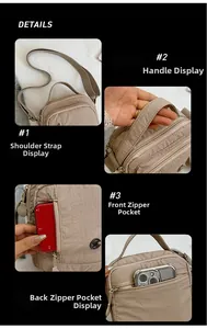 Detailed views of nylon messenger bag showing adjustable strap and storage pockets