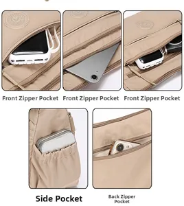 Detailed view of multiple zippered compartments on a beige waterproof nylon shoulder bag