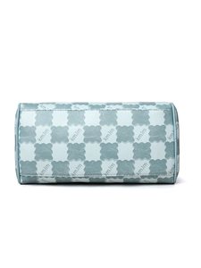 Close-up of light blue pebbled leather cylinder bag with clover and kmJm monogram print