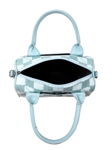 Top view of blue and white cloud pattern tote bag showing zip opening and inner lining