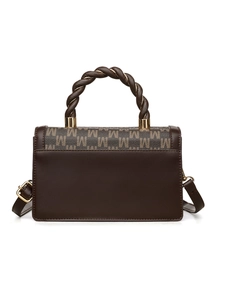 Detail of small square bag with brown leather, M-pattern canvas and woven handle