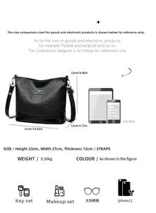 Detailed size chart for black ostrich pattern Boston bag with iPad comparison 27x23x12cm