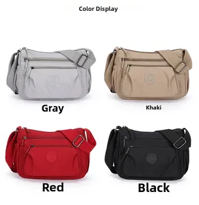 Waterproof nylon crossbody bag in gray, khaki, red, and black with multi-pocket design