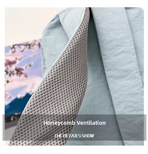 Detail of light blue waterproof yoga bag showing breathable honeycomb mesh structure