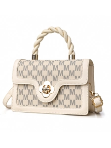 Detail of cream square bag with rope handle, M print, and golden petal metal lock