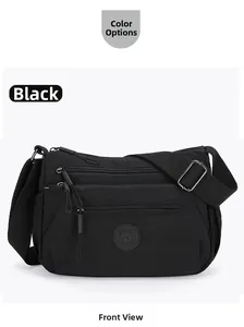 Front view of black waterproof oxford crossbody bag with multiple zipper pockets