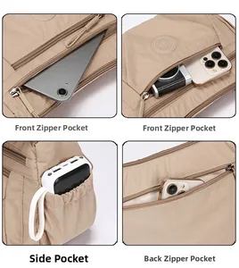 Detailed views of nylon messenger bag pockets including front, side, and back compartments