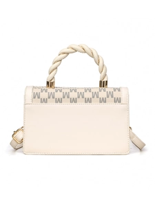 Detail of cream structured handbag featuring woven rope handle and golden hardware buckles