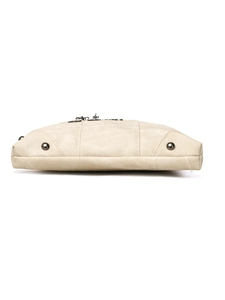 Detailed bottom view of the beige fabric crossbody bag with protective metal feet