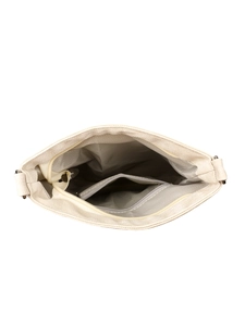 Interior view of the cream crossbody bag showing herringbone lining and zipper pocket