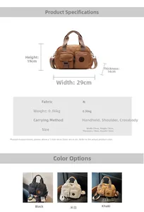 Detailed size chart and multi-pocket canvas bag dimensions with color options view
