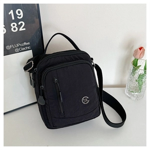 Detail of waterproof nylon crossbody bag with zipper pocket and metallic logo