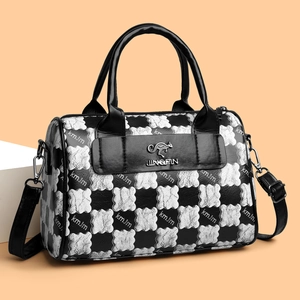 Women Boston Bag PU Leather Checkered Letter Print Handbag With Top Handle Removable Adjustable Strap Retro Style