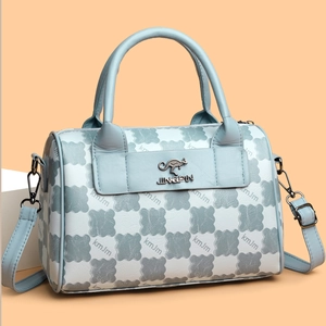 Blue checkerboard Boston tote bag with kangaroo logo and detachable shoulder strap