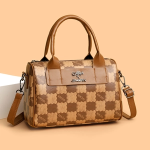 Brown checkerboard PU leather Boston bag with double handles and adjustable strap