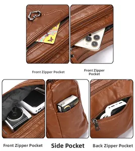 Détails d'un sac en cuir souple marron avec poches zippées et aménagement de rangement
