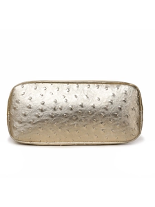 Detailed base view of golden ostrich texture Boston bag with reinforced stitched edges