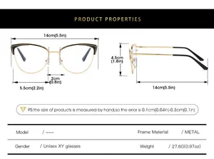 Detailed size chart and technical specifications for cat-eye metal frame glasses