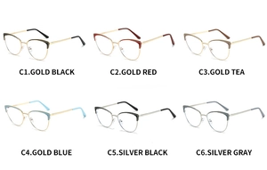 Cat eye glasses frame collection in six color variations with sleek metal temples