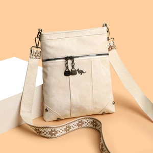 Vintage Canvas Crossbody Bag For Women With Bohemian Woven Wide Strap Ethnic Style Retro Multi Zipper Shoulder Bag