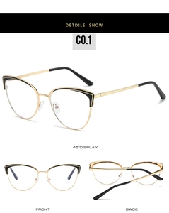 Three-angle view of cat-eye anti-blue light glasses frames in black and gold finish