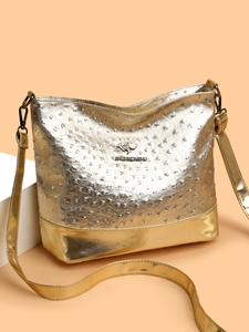 Metallic gold Boston bag with ostrich texture and adjustable crossbody strap