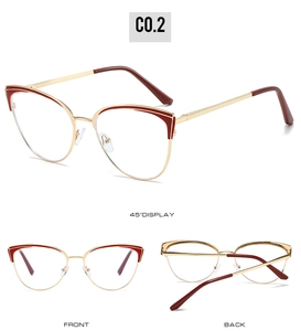 Detailed views of gold cat-eye glasses with burgundy accents from front and side angles