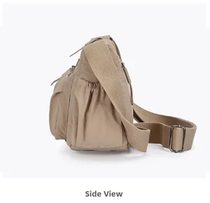 Side view of khaki nylon crossbody bag featuring elastic water bottle pocket and metal buckle