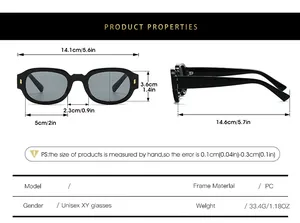 Detailed size chart showing dimensions and PC material specs for narrow frame sunglasses