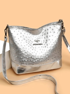 Silver multi-layered ostrich pattern Boston bag with adjustable leather shoulder strap