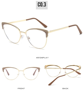 Detailed views of gold cat-eye glasses with brown accents from three different angles