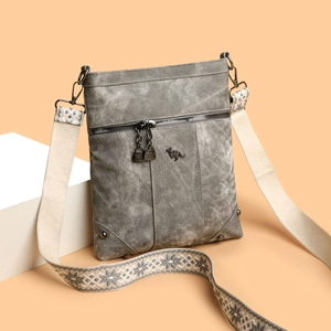Gray high-capacity crossbody bag with kangaroo logo and decorative geometric strap
