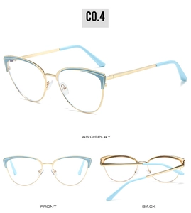 Detailed views of gold cat-eye glasses frame with blue enamel finish and triple perspective
