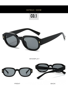 Three views of black narrow-frame sunglasses with oval lenses and gold rivet accents