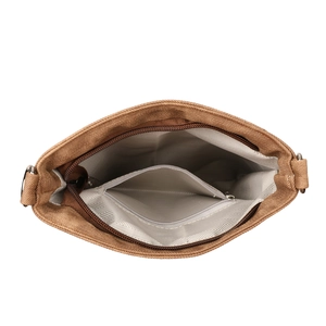 Brown canvas crossbody bag with grey lining and secure interior zipper pocket