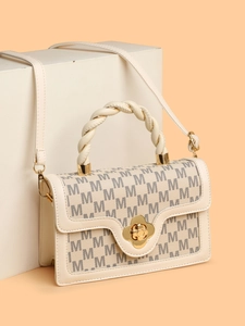 Women PU Leather Handbag M Letter Monogram Retro Flower Lock Braided Handle Shoulder Crossbody Fashion Trendy Bag