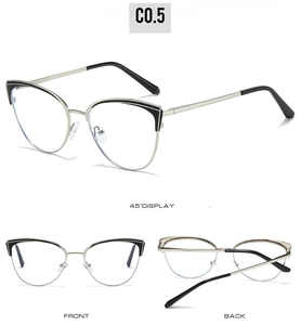 Detailed views of cat-eye anti-blue light glasses with black and silver dual-color frame