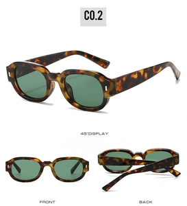 Three-angle view of leopard print sunglasses with dark green lenses and chic rice nail decor