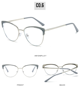 Detailed views of cat-eye glasses showing 45-degree, front, and back folding angles