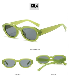 Three-angle view of avocado green oval sunglasses with silver stud accents and grey lenses