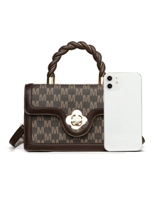 Brown monogram small square handbag with braided handle and phone size reference