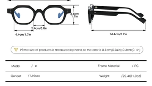Detailed technical diagram of black geometric sunglasses showing frame dimensions and PC material