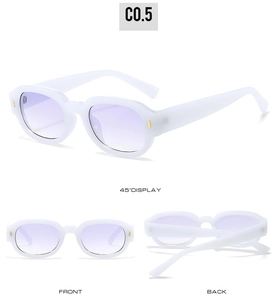 Detailed view of white narrow frame sunglasses with purple gradient lenses and gold studs
