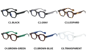 Detailed grid showing six stylish thick-frame polygonal sunglasses in varied colors