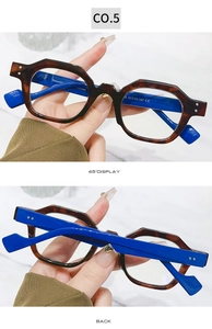 Detail view of bold tortoiseshell frames and vibrant blue temples with sizing specs