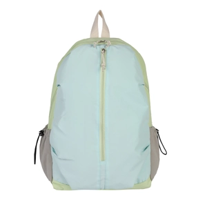 Waterproof yoga travel backpack in blue and green patchwork with front vertical zipper