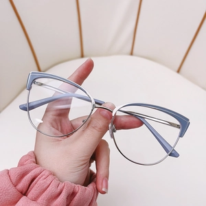 Chic cat-eye blue-light blocking glasses with two-tone grey-blue and silver metal frames