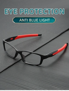 Detail of red and black silicone sports frame with anti-blue light protective lenses